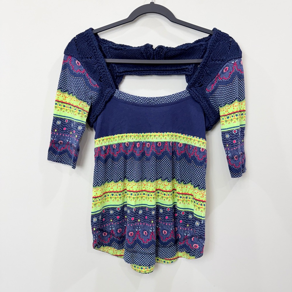 Free People Womens XS Top Mixed Media Crochet Knit Boho Floral Print Blue INDIE
